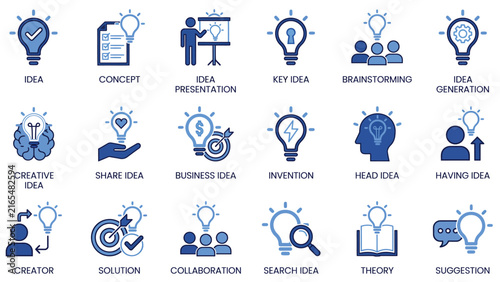 Innovation Ideation Icon Set – Lightbulb, Brainstorm, Creative Thinking, Invention Flat Blue Icons for Business Apps