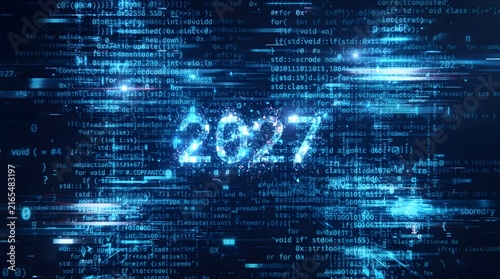 A futuristic digital display showing the year 2027 in glowing blue code background