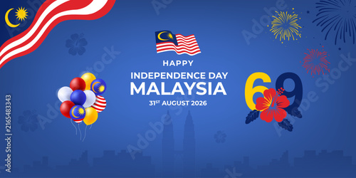Malaysia Independence Day horizontal banner template. Features bold 69th typography with the national flag emblem, blooming red hibiscus flowers, and an intricate traditional cultural frame border.