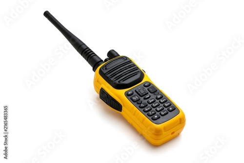 Yellow two way radio with antenna on a white background
