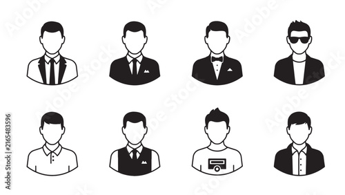 Male Avatar Icon Set – Business Suit, Tuxedo, Casual, Waiter Black White Flat Icons for Profile UI Design