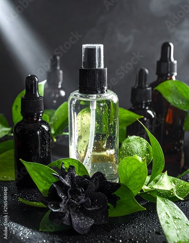 A collection of amber and clear glass bottles, some with droppers, are artfully arranged with lush green leaves and a dark flower.