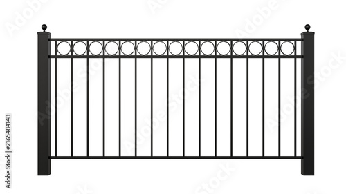 Obraz na płótnie Black metal fence panel with vertical pickets top circular ring accents and side square posts with round finials on transparent background for boundary