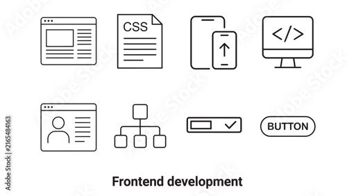 Frontend Web Development Icon Set – Browser, CSS, Responsive, Button, Sitemap Outline Icons for Tech and UI Design