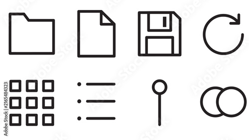 File Management Icon Set – Folder, Save, Refresh, Grid Menu, Location Pin Outline Icons for Web and App UI Design