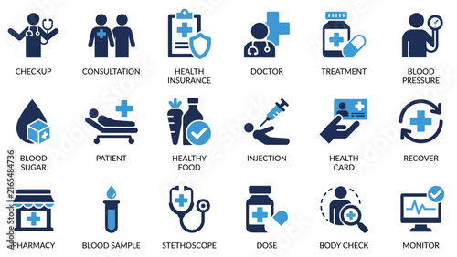 Medical Health Icon Set – Doctor, Patient, Injection, Pharmacy, Vital Monitor Flat Blue Icons for Healthcare Dashboard Apps