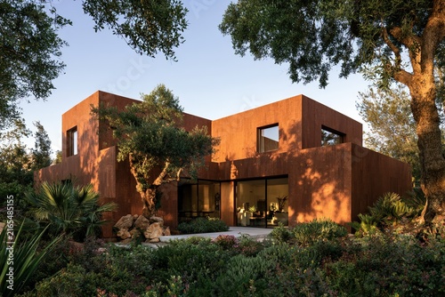 modern sustainable cork clad house surrounded by lush mediterranean garden and mature trees in warm golden hour sunlight