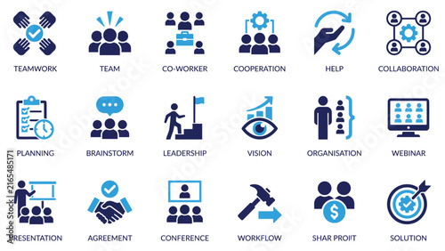 Teamwork Collaboration Icon Set – Leadership, Planning, Webinar, Agreement, Brainstorm Flat Blue Icons for Business Team Apps