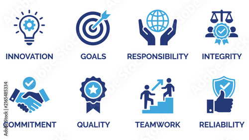 Corporate Values Icon Set – Integrity, Teamwork, Innovation, Commitment, Quality Flat Blue Icons for Business Culture AppsCorporate Values Icon Set – Integrity, Teamwork, Innovation, Commitment, Quali