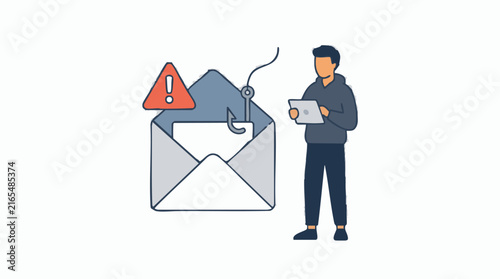 Phishing email scam concept with man, tablet, and warning message