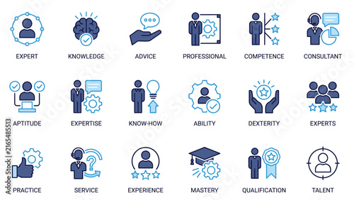 Expertise Skills Icon Set – Knowledge, Talent, Mastery, Consultant, Professional Flat Blue Icons for HR and Training Apps