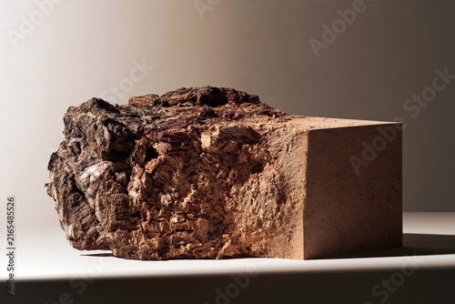 raw cork bark transforming into a refined geometric cork block, symbolizing sustainable material processing, natural resources and eco friendly innovation