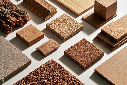 sustainable cork material samples and natural cork textures arranged as an architectural design material library for eco friendly construction and product innovation