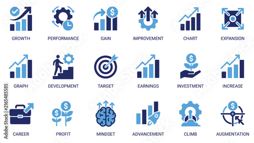 Business Growth Icon Set – Performance, Chart, Career, Investment, Target Flat Blue Icons for Corporate and Finance Apps