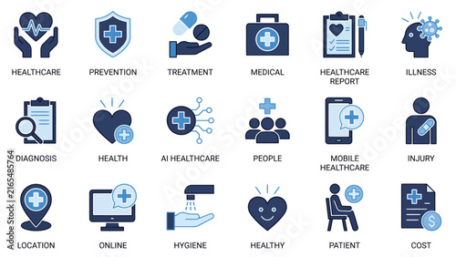 Healthcare Medical Icon Set – Telemedicine, Diagnosis, Treatment, Hygiene, Patient Care Flat Blue Icons for Health Apps