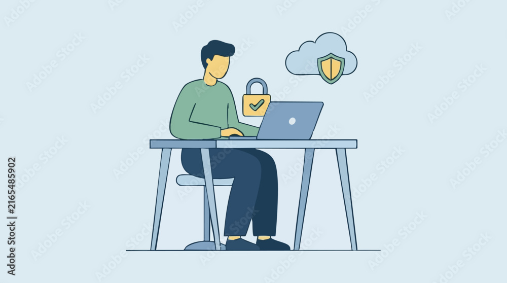 Fototapeta premium Digital security and privacy concept with person, laptop, and secure cloud