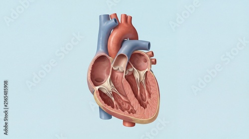 Anatomical illustration of a human heart, showing its chambers, valves, and major blood vessels. This medical diagram is useful for education and research