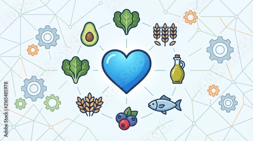 A heart in the center surrounded by icons of healthy food and abstract network graphics. The icons include avocado, leafy greens, wheat, blueberries, fish, and olive oil, representing a healthy diet.