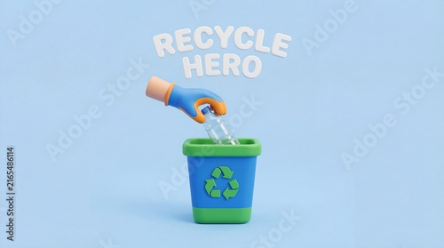 Hand with glove putting plastic bottle in recycling bin with recycling symbol on it, recycle hero concept