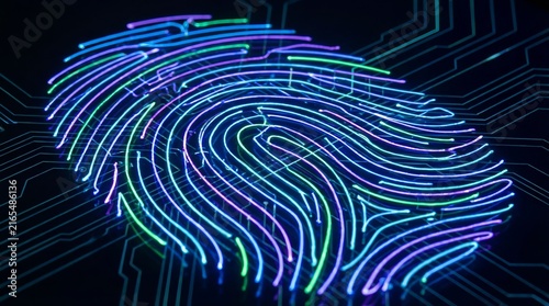 A glowing fingerprint made of blue and purple neon lights, set against a circuit board background, symbolizing digital security and identity