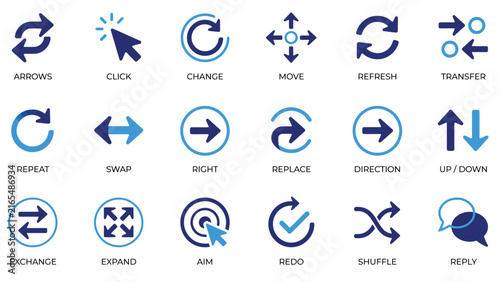 Navigation Action Icon Set – Arrows, Refresh, Swap, Redo, Expand, Reply Flat Blue Icons for App and Web UI Control