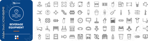 Soda Fountain Drinks line icon set. Vector pictograms of dispenser equipment, beverage cups, syrup systems, and carbonation elements, thin linear illustration.