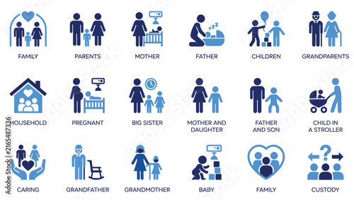Family People Icon Set – Parents, Kids, Grandparents, Baby, Household Flat Blue Icons for Demographic and Profile Apps