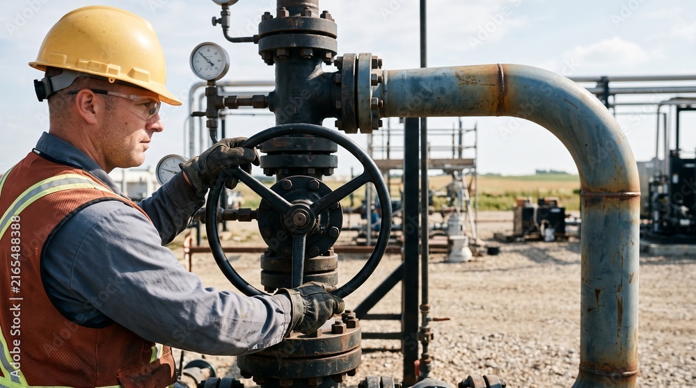Fototapeta premium Engineer controls a carbon injection wellhead under hard sun
