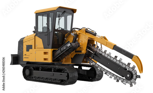 Industrial trencher machine, heavy construction equipment with enclosed operator cabin and digging chain isolated on transparent background