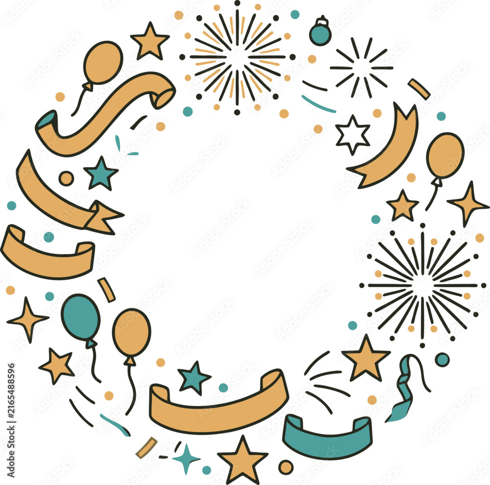 Fototapeta premium Celebration wreath with balloons, ribbons, stars and fireworks