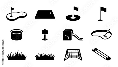 Golf Course and Sports Field Icons Set, Vector Graphics for Outdoor Recreation and Leisure Activities, Black and White Silhouette Collection