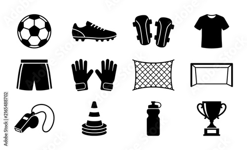 Soccer Equipment Icons Set, Football Gear Vector Graphics, Sports Training Symbols, Team Game Accessories, Goalkeeper Kit, Referee Whistle, Trophy