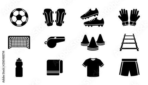 Soccer Equipment Icons Set, Football Gear Vector Graphics, Sports Training Tools Collection, Black and White Silhouette Graphics for Athletic Concepts