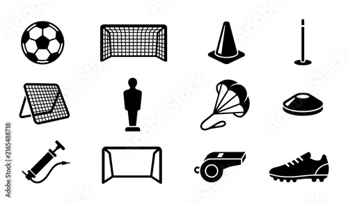 Soccer Training Equipment Icons Set, Football Gear Vector Graphics, Sports Practice Tools Collection, Coaching Aids and Accessories