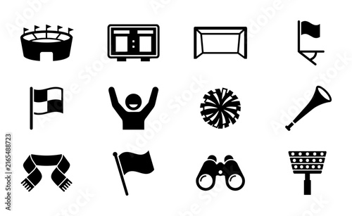 Soccer Fan Icons Set, Football Stadium, Goal, Scoreboard, Cheerleader Pom-Pom, Scarf, Binoculars, Vuvuzela, Flag, Vector Graphics for Sports Events and Fan Culture