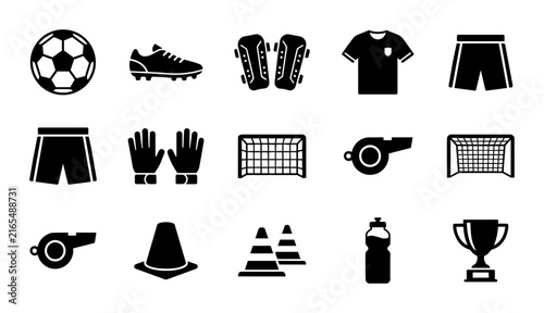 Soccer Equipment Icons Set, Football Gear Vector Graphics, Sports Training Symbols, Team Game Accessories Collection