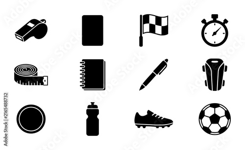 12 Sport Icons Set: Whistle, Stopwatch, Soccer Ball, Cleats, Referee Card, Checkered Flag, Measuring Tape, Notebook, Water Bottle, Shin Guard, Pen, Circle Graphic Element