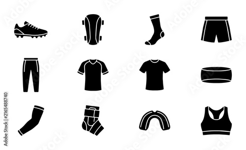 Sports Apparel Icons Set, Soccer Gear Vector Graphics, Athletic Clothing Collection, Black and White Sportswear Elements