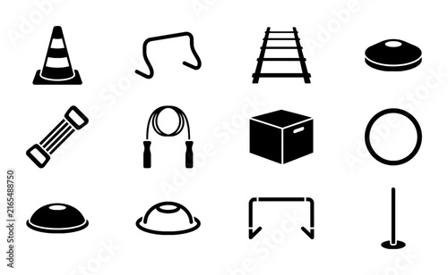 Fitness Equipment Icons, Sports Training Gear Set, Agility Hurdles, Jump Rope, Cones, Balance Pods, Vector Graphics for Workout and Exercise