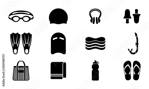 Swimming Gear Icons Set, Aquatic Sport Equipment Vector Collection, Water Polo & Diving Accessories, Black & White Silhouette Graphics for Training & Recreation