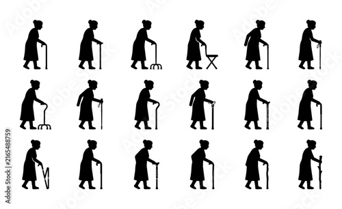 Elderly Woman Silhouette Collection, Diverse Poses and Mobility Aids, Senior Lifestyle Vector Icons, Ageing Process Visuals