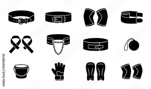 Weightlifting Gear Icons Set: Belts, Knee Sleeves, Gloves, Straps, and More Fitness Equipment Vector Graphics