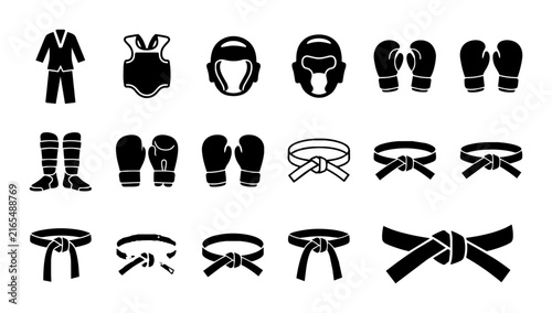 Martial Arts Gear Icons Set, Karate Combat Sports Equipment Vector Collection, Black and White Training Apparel and Protection Symbols