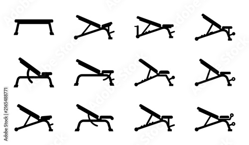 Adjustable Weight Bench Icons, Fitness Equipment Silhouettes, Workout Gym Gear Set, Exercise Machine Variations, Strength Training Vector Collection