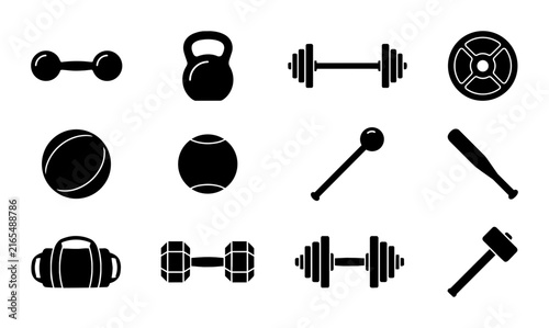 Fitness Equipment Icons Set, Dumbbell and Kettlebell Vector Graphics, Gym Workout Gear Collection, Weightlifting and Training Tools