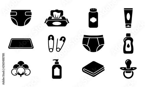 Baby Care Icons Set, Newborn Essentials Collection, Infant Hygiene Symbols, Diaper, Wipes, Powder, Lotion, Vector Graphics