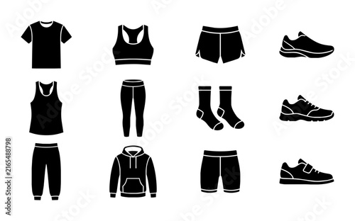 Athletic Apparel Icons, Sportswear Vector Set, Fitness Clothing Collection, Black and White Sport Gear Graphics