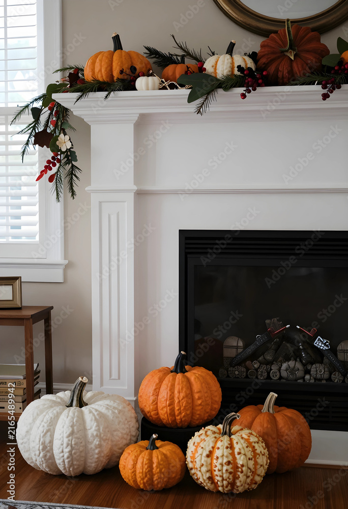 Fototapeta premium Autumn home decor and fall season celebration, pumpkins and garland on a fireplace mantel for thanksgiving holiday