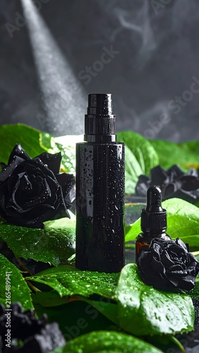 A sleek black bottle of perfume or cosmetic product sits amidst vibrant green leaves and dramatic black roses, mist gently falling around it, evoking an aura of mystery and luxury.