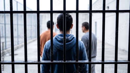 Male prisoners behind metal bars in correctional facility